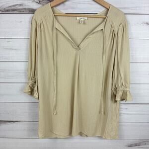 Como Blu Womens Tan Metallic Striped‎ V Neck Blouse Quarter Sleeve Size M